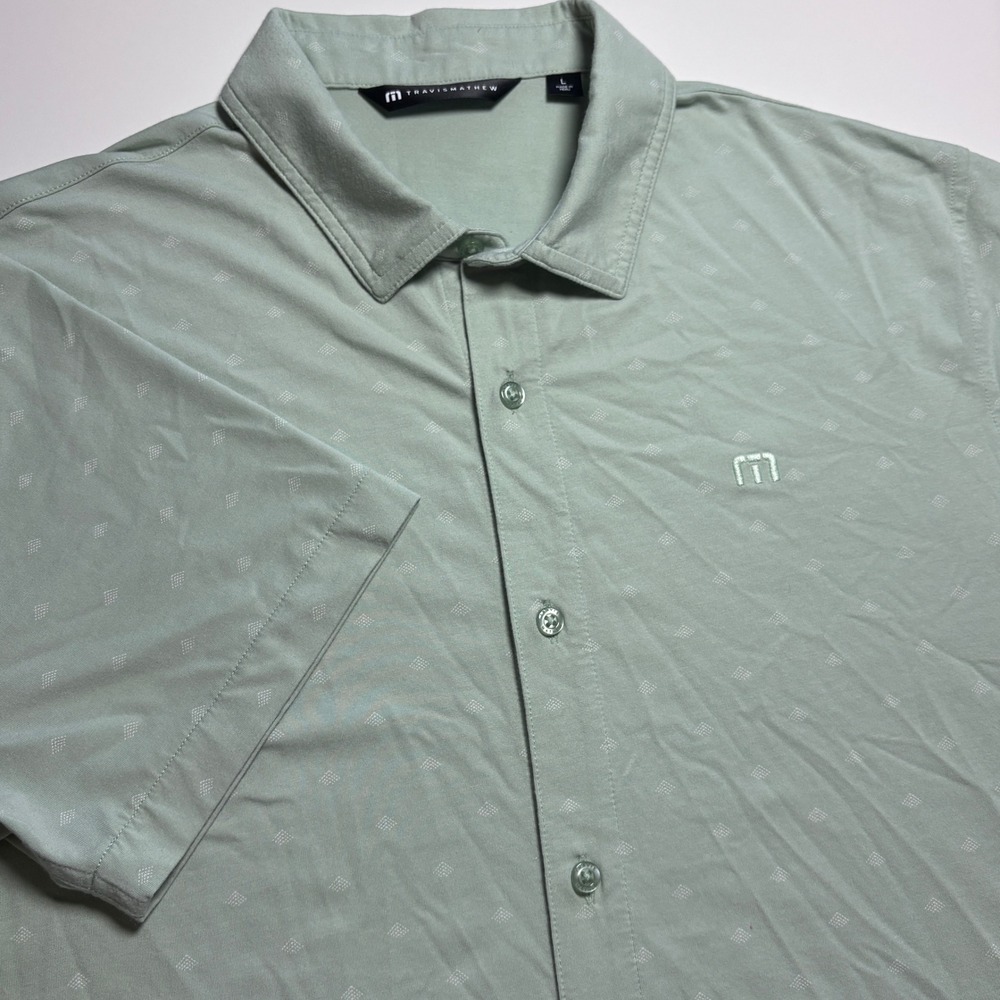 TravisMathew Button Up Golf Shirt Men L Light Green Geometric Print Short Sleeve - Picture 3 of 9